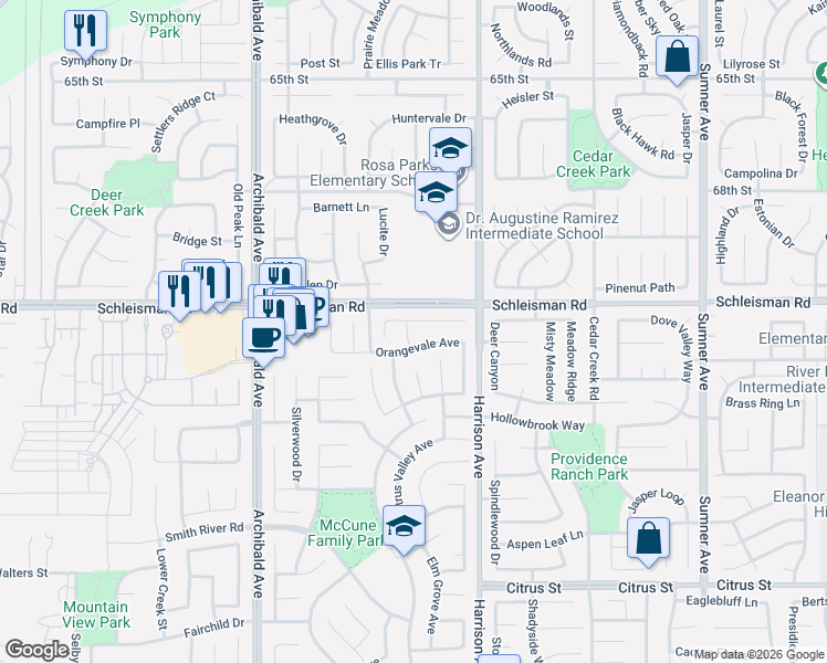 map of restaurants, bars, coffee shops, grocery stores, and more near 13897 Hollywood Avenue in Corona