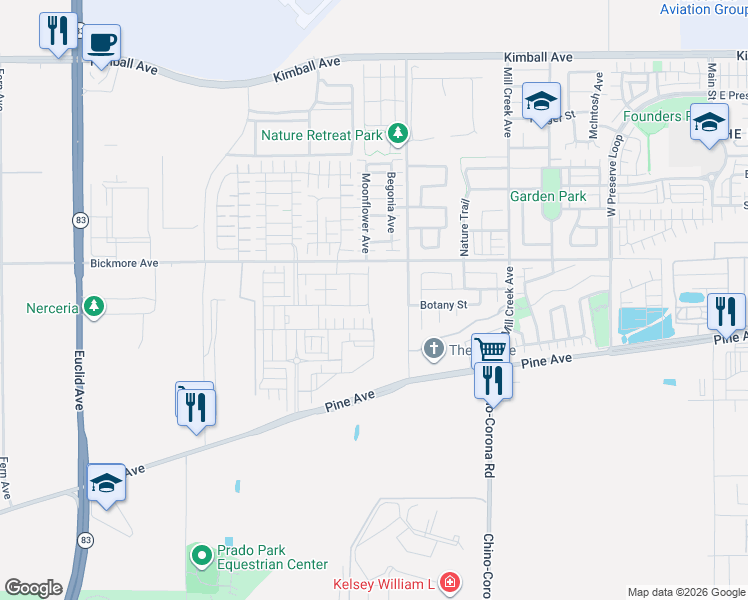 map of restaurants, bars, coffee shops, grocery stores, and more near 16142-16170 Rincon Meadows Avenue in Chino