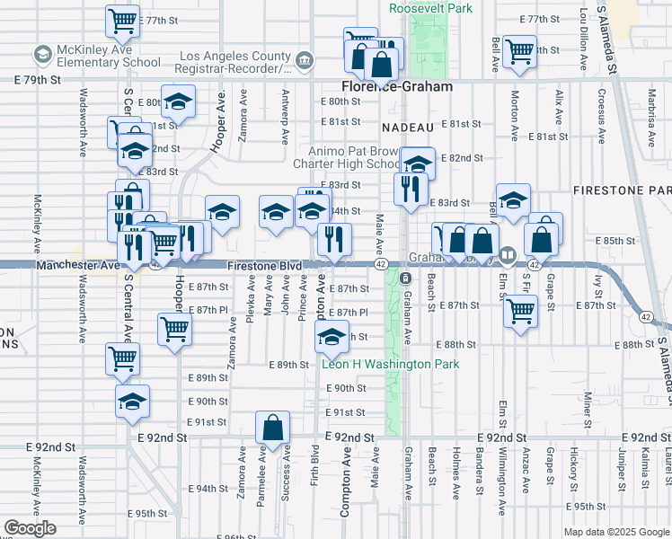 map of restaurants, bars, coffee shops, grocery stores, and more near 1516 Firestone Boulevard in Los Angeles