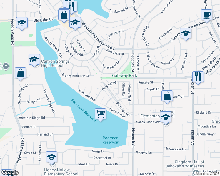 map of restaurants, bars, coffee shops, grocery stores, and more near 23772 Parkland Avenue in Moreno Valley