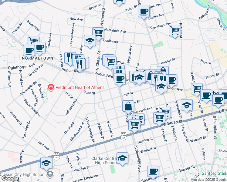 map of restaurants, bars, coffee shops, grocery stores, and more near 369 Cobb Street in Athens