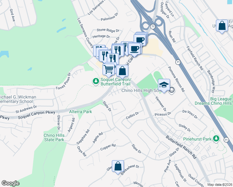 map of restaurants, bars, coffee shops, grocery stores, and more near 16175 Woodrow Court in Chino Hills