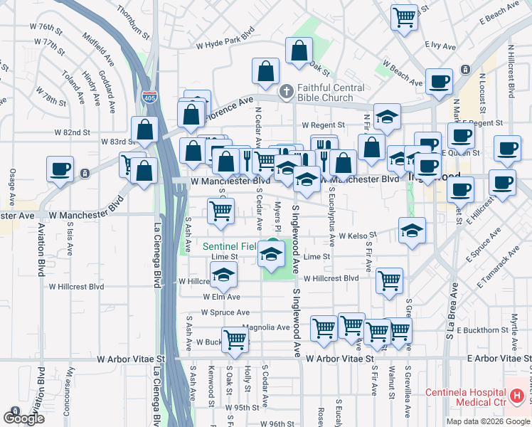 map of restaurants, bars, coffee shops, grocery stores, and more near 326 South Cedar Avenue in Inglewood