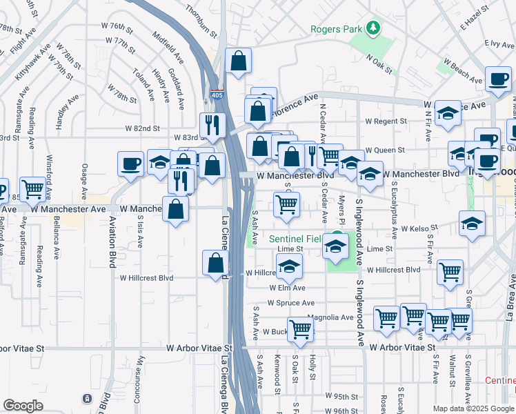 map of restaurants, bars, coffee shops, grocery stores, and more near 643 Nectarine Street in Inglewood