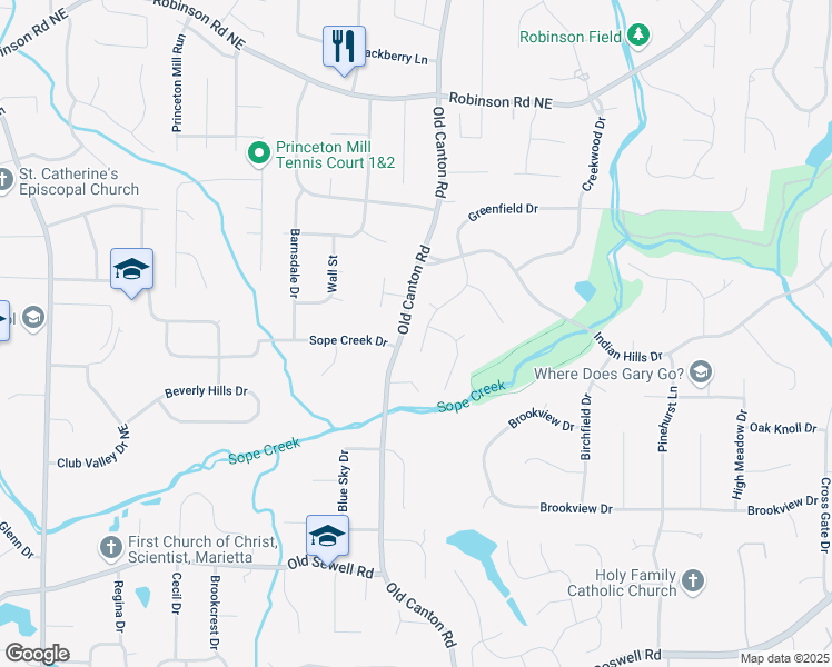 map of restaurants, bars, coffee shops, grocery stores, and more near 3025 Greenfield Drive in Marietta