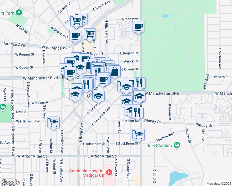 map of restaurants, bars, coffee shops, grocery stores, and more near 435 East Tamarack Avenue in Inglewood