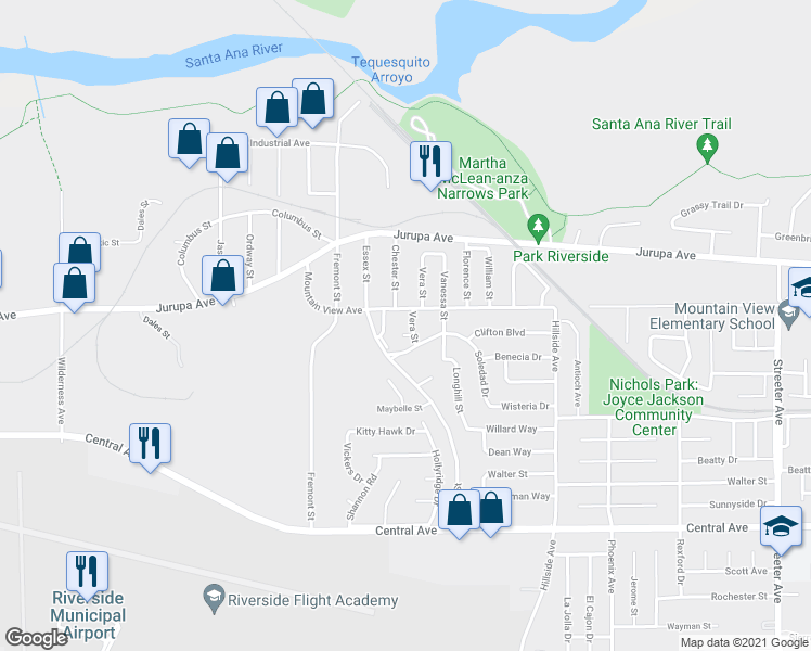 map of restaurants, bars, coffee shops, grocery stores, and more near 6123 Vera Street in Riverside