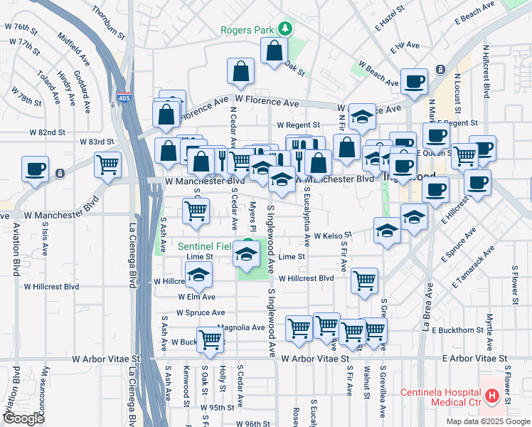 map of restaurants, bars, coffee shops, grocery stores, and more near 317 South Inglewood Avenue in Inglewood