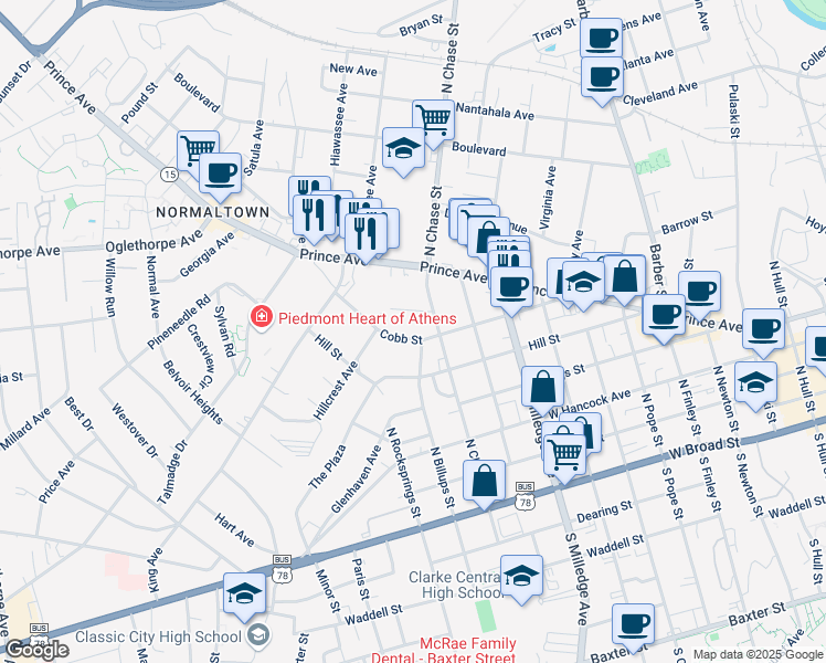 map of restaurants, bars, coffee shops, grocery stores, and more near 626 Cobb Street in Athens