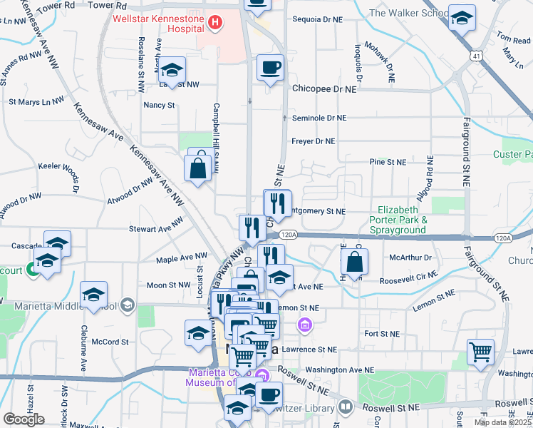 map of restaurants, bars, coffee shops, grocery stores, and more near 337 Cherokee Street Northeast in Marietta