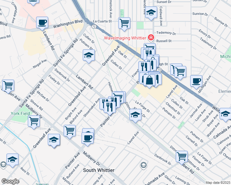 map of restaurants, bars, coffee shops, grocery stores, and more near 13245 Helmer Drive in Whittier