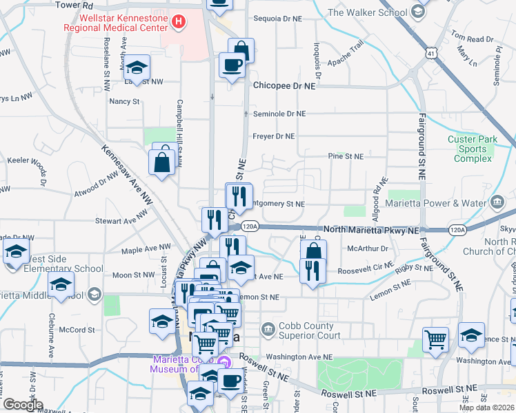 map of restaurants, bars, coffee shops, grocery stores, and more near 164 Montgomery Street Northeast in Marietta