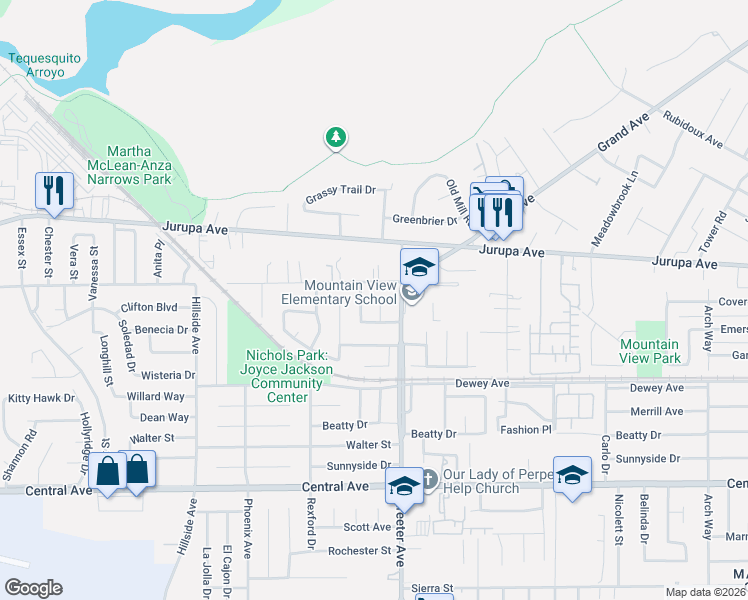 map of restaurants, bars, coffee shops, grocery stores, and more near 6146 Rhonda Road in Riverside