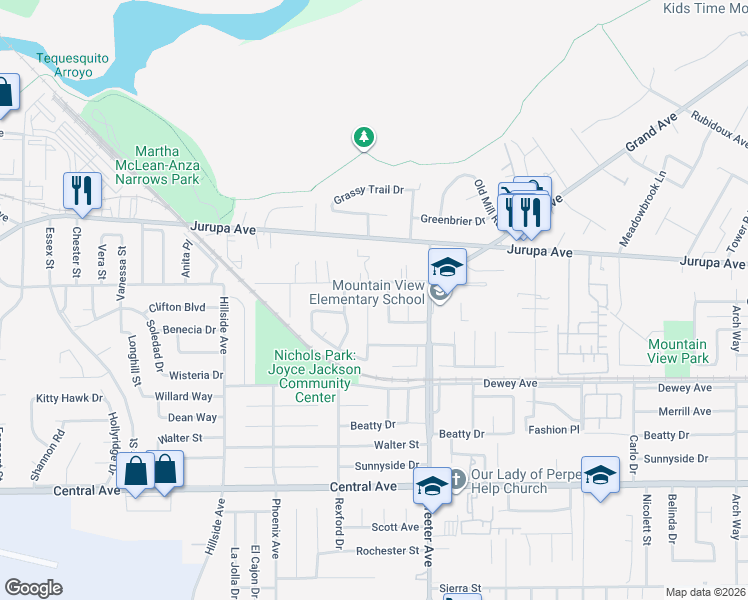 map of restaurants, bars, coffee shops, grocery stores, and more near 6157 Goldenrod Lane in Riverside