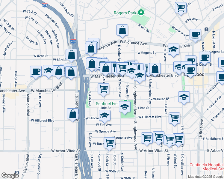 map of restaurants, bars, coffee shops, grocery stores, and more near 525 Nectarine Street in Inglewood