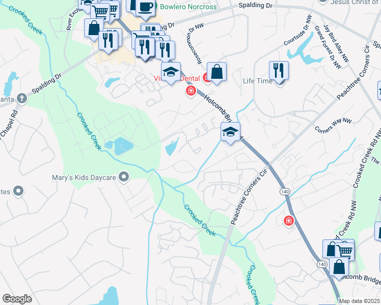 map of restaurants, bars, coffee shops, grocery stores, and more near 2100 Park Lake Lane in Peachtree Corners