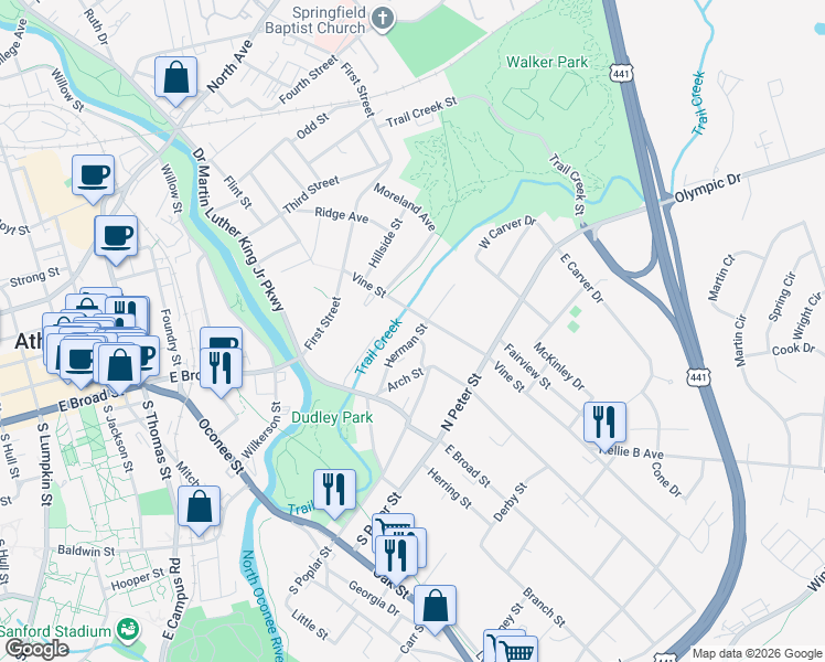 map of restaurants, bars, coffee shops, grocery stores, and more near 175 Herman Street in Athens