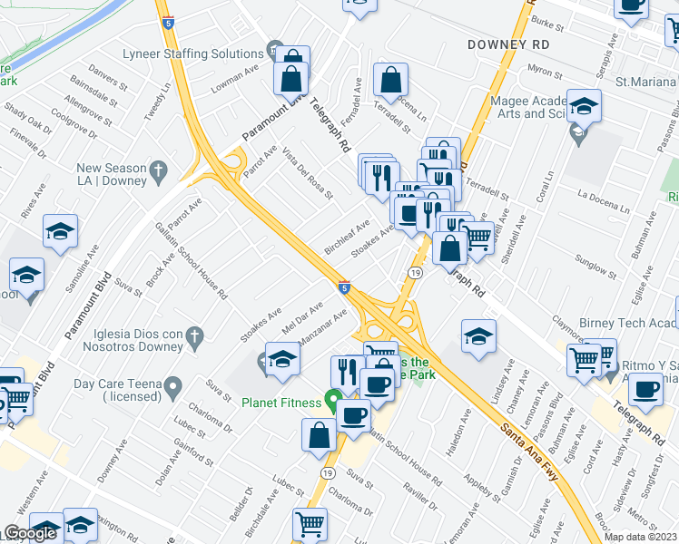 map of restaurants, bars, coffee shops, grocery stores, and more near 9048 Stoakes Avenue in Downey