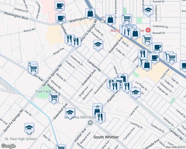 map of restaurants, bars, coffee shops, grocery stores, and more near 8738 Greenleaf Avenue in Whittier