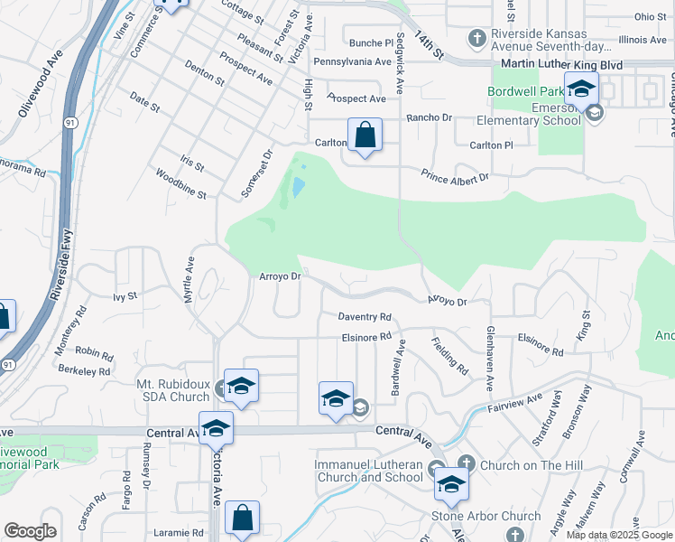map of restaurants, bars, coffee shops, grocery stores, and more near 2393 Arroyo Drive in Riverside