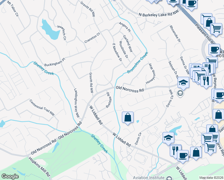 map of restaurants, bars, coffee shops, grocery stores, and more near 4105 Old Norcross Road in Duluth
