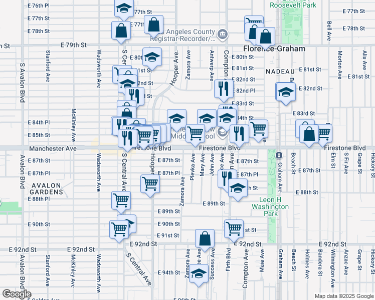map of restaurants, bars, coffee shops, grocery stores, and more near 1308 Firestone Boulevard in Los Angeles