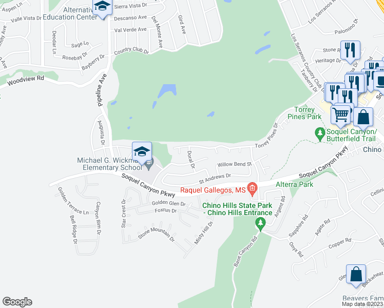 map of restaurants, bars, coffee shops, grocery stores, and more near 16157 Doral Drive in Chino Hills