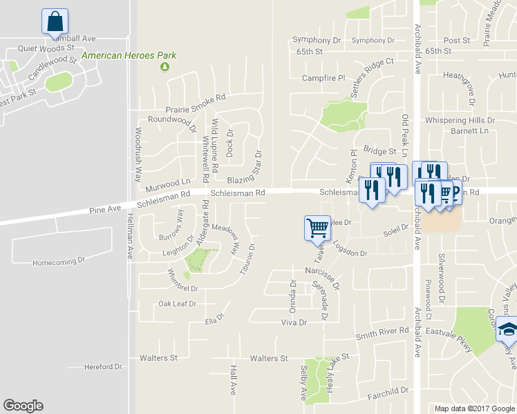 map of restaurants, bars, coffee shops, grocery stores, and more near 14631 Promontory Lane in Corona