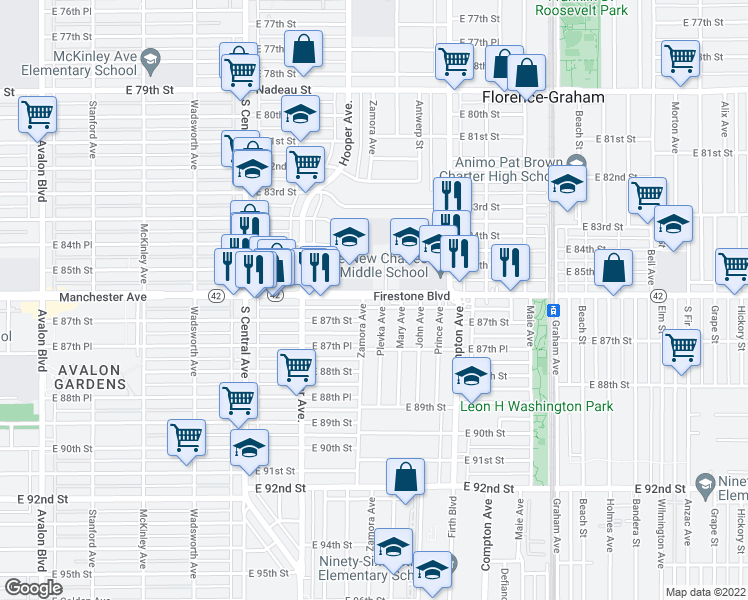 map of restaurants, bars, coffee shops, grocery stores, and more near 1310 Firestone Boulevard in Los Angeles