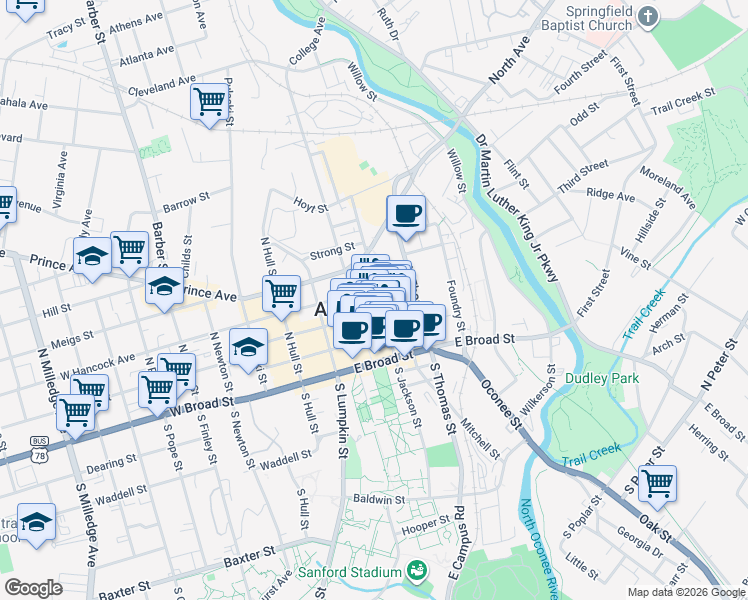 map of restaurants, bars, coffee shops, grocery stores, and more near 325 East Washington Street in Athens