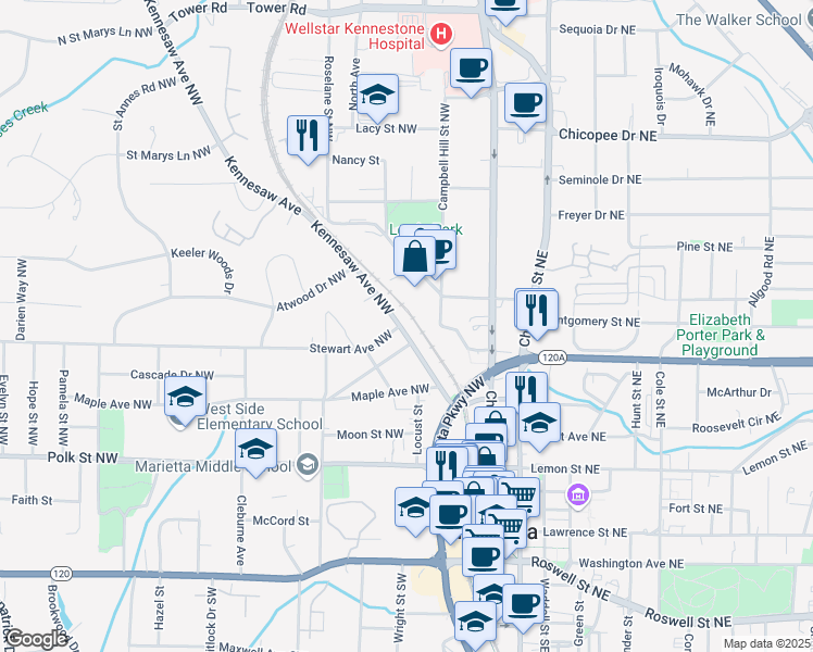 map of restaurants, bars, coffee shops, grocery stores, and more near 334 Kennesaw Avenue Northwest in Marietta