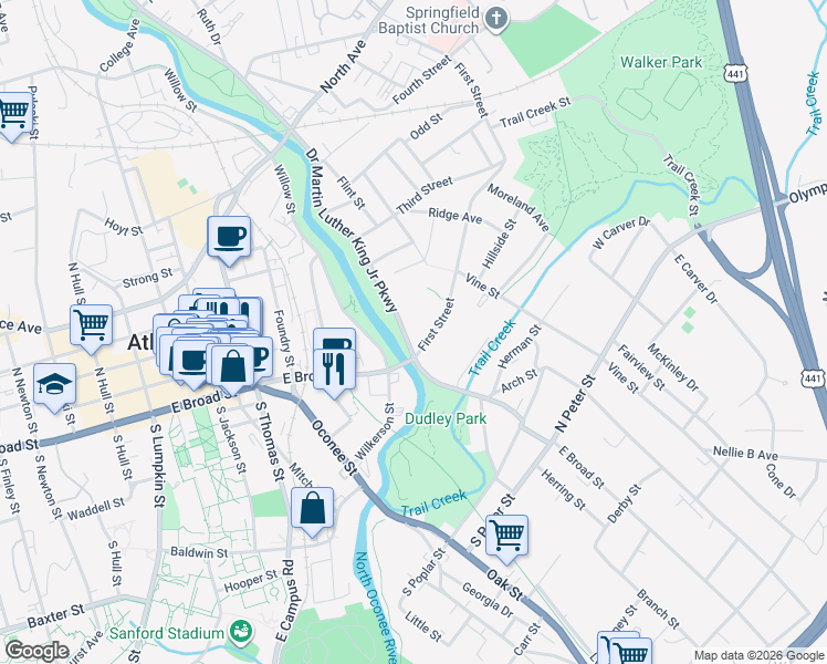 map of restaurants, bars, coffee shops, grocery stores, and more near 230 Doctor Martin Luther King Junior Parkway in Athens