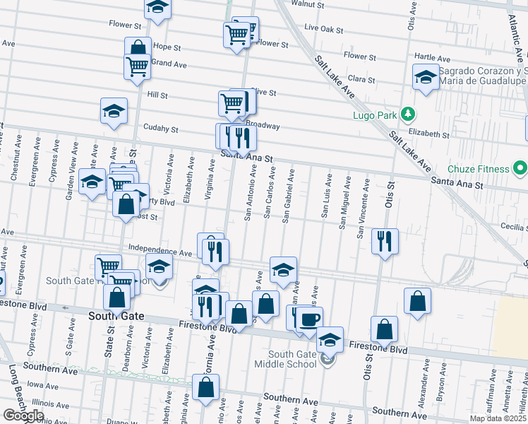 map of restaurants, bars, coffee shops, grocery stores, and more near 3627 Liberty Boulevard in South Gate