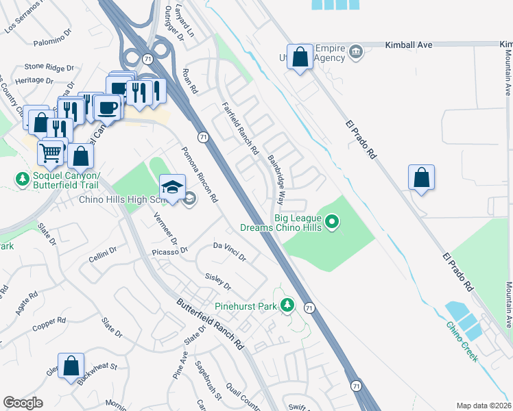 map of restaurants, bars, coffee shops, grocery stores, and more near 16160 Chadwick Court in Chino Hills