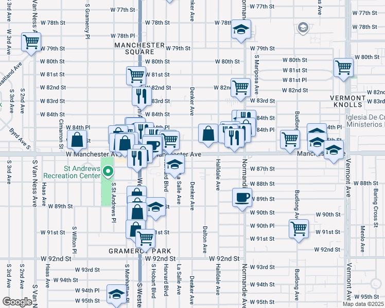 map of restaurants, bars, coffee shops, grocery stores, and more near W Manchester Ave & Denker Ave in Los Angeles