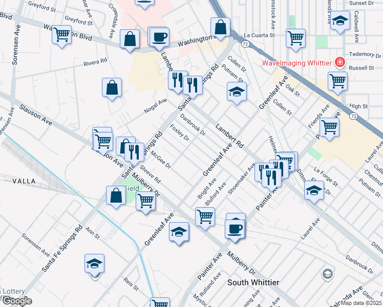 map of restaurants, bars, coffee shops, grocery stores, and more near 12817 Dunton Drive in Whittier