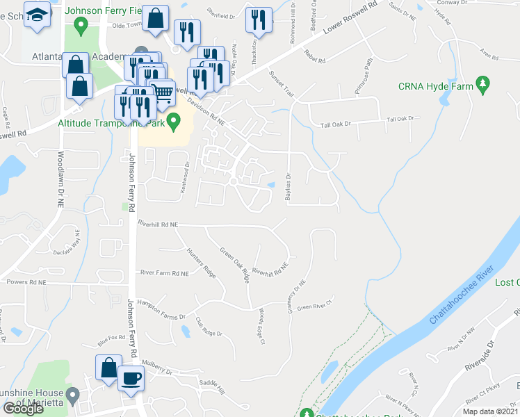 map of restaurants, bars, coffee shops, grocery stores, and more near 5028 Gardenia Circle in Marietta