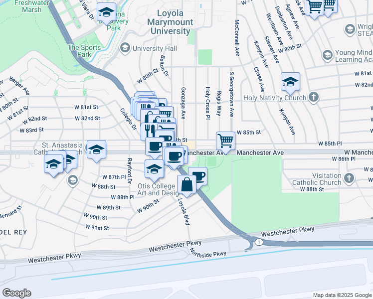 map of restaurants, bars, coffee shops, grocery stores, and more near 7121 West Manchester Avenue in Los Angeles
