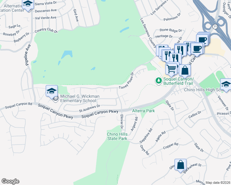 map of restaurants, bars, coffee shops, grocery stores, and more near 16158 Cypress Point Drive in Chino Hills