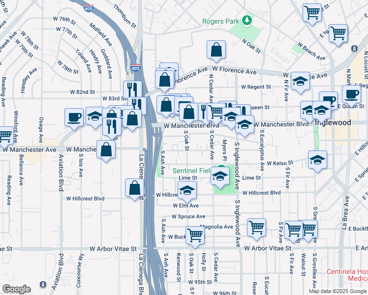 map of restaurants, bars, coffee shops, grocery stores, and more near 611 Nectarine Street in Inglewood
