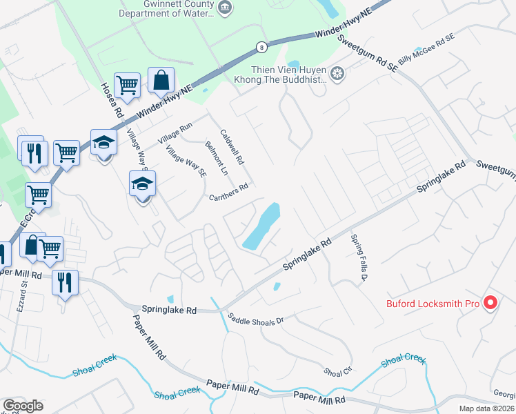 map of restaurants, bars, coffee shops, grocery stores, and more near 571 Pondweed Drive in Lawrenceville