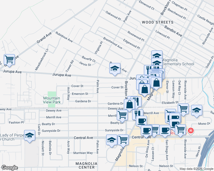 map of restaurants, bars, coffee shops, grocery stores, and more near 4311 Cover Street in Riverside