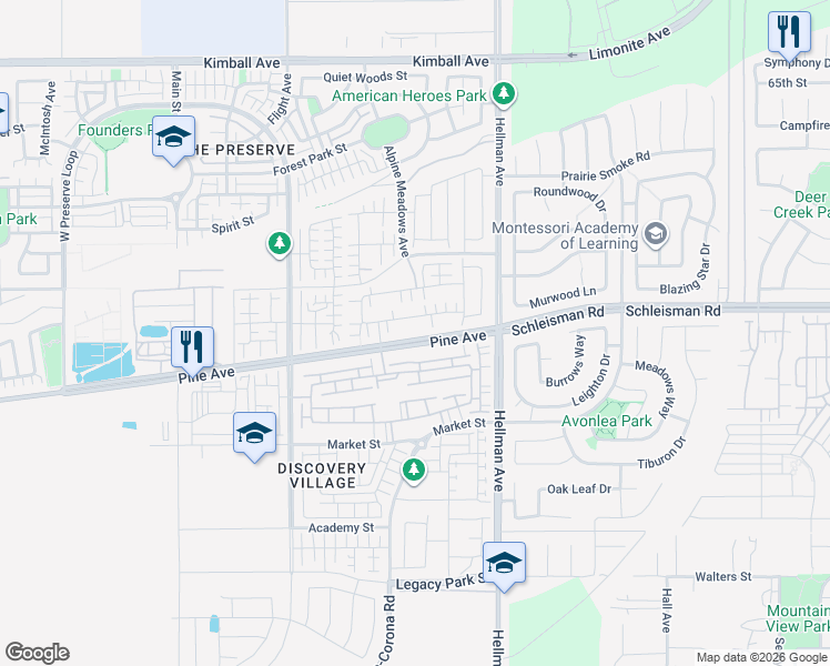 map of restaurants, bars, coffee shops, grocery stores, and more near 8753 Celebration Street in Chino