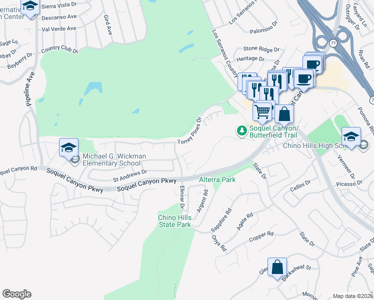 map of restaurants, bars, coffee shops, grocery stores, and more near 4690 Willowbend Court in Chino Hills