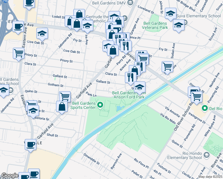 map of restaurants, bars, coffee shops, grocery stores, and more near 6367 Gotham Street in Bell Gardens
