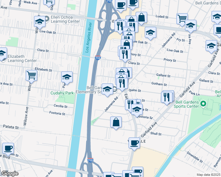 map of restaurants, bars, coffee shops, grocery stores, and more near 5633 Quinn Street in Bell Gardens