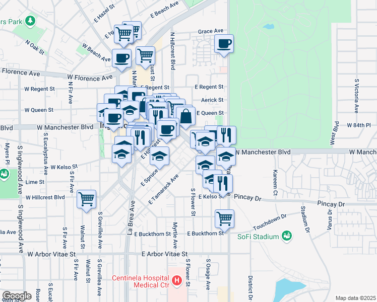 map of restaurants, bars, coffee shops, grocery stores, and more near 656 East Manchester Boulevard in Inglewood