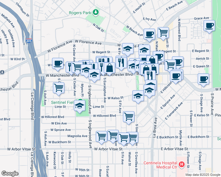 map of restaurants, bars, coffee shops, grocery stores, and more near 236 West Olive Street in Inglewood