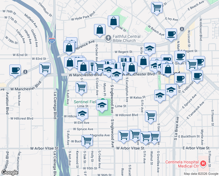 map of restaurants, bars, coffee shops, grocery stores, and more near 317 South Inglewood Avenue in Inglewood
