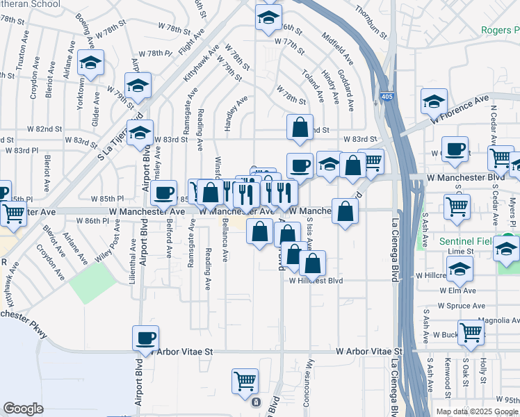 map of restaurants, bars, coffee shops, grocery stores, and more near 5583 West Manchester Avenue in Los Angeles